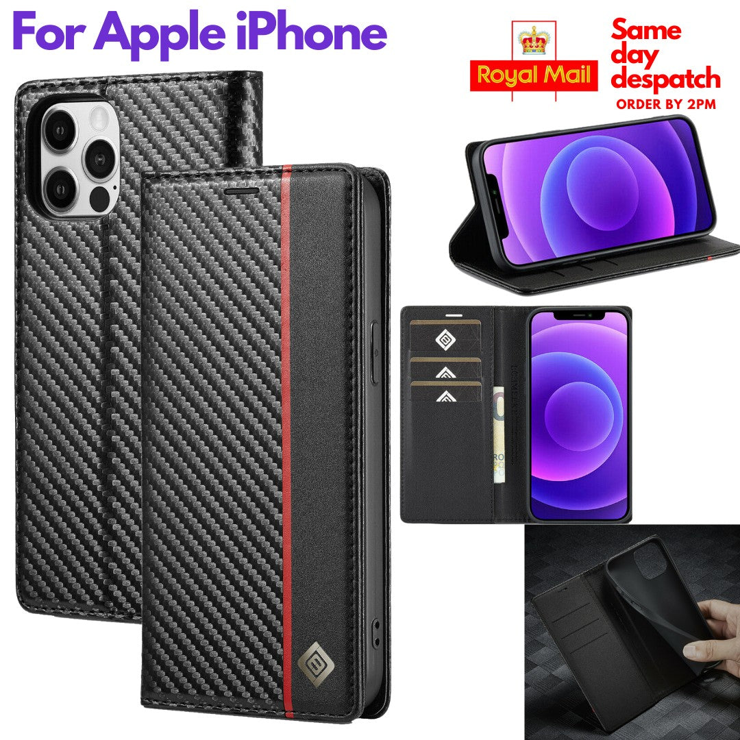 Carbon Fibre Flip Leather Wallet Case Cover For iPhone13 12 Pro Max Mini - mobgr