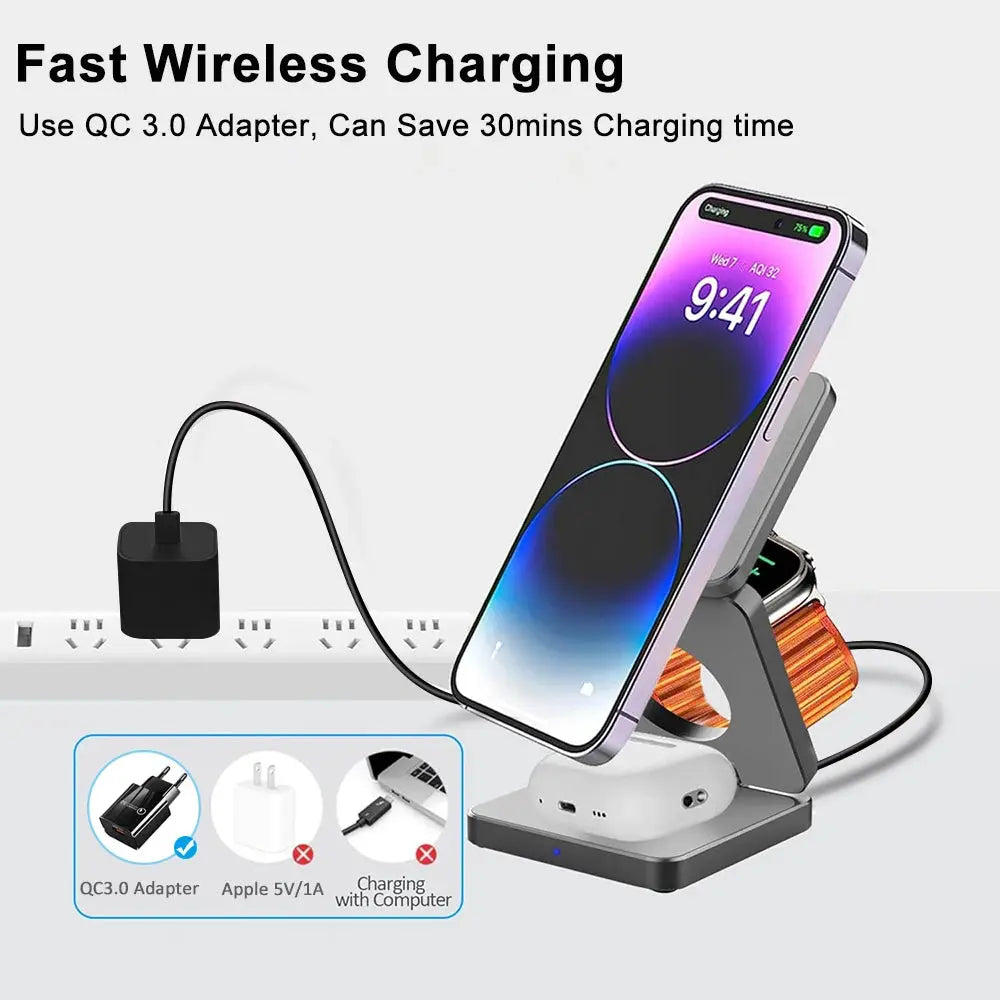 3 in 1 Wireless Charger Stand Magnetic Foldable Wireless Charging Station for Iphone 15 14 13 12 Pro Max Apple Watch 8 9 Charger mobgr