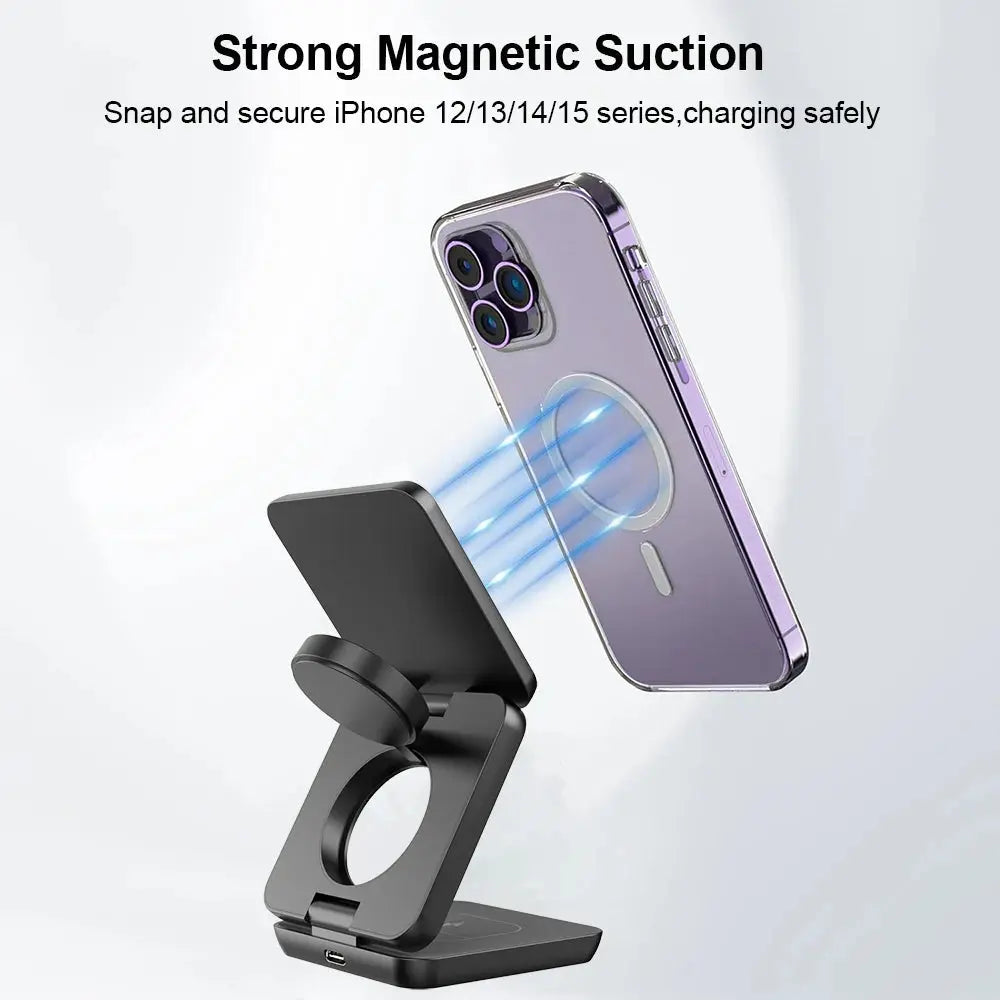 3 in 1 Wireless Charger Stand Magnetic Foldable Wireless Charging Station for Iphone 15 14 13 12 Pro Max Apple Watch 8 9 Charger mobgr