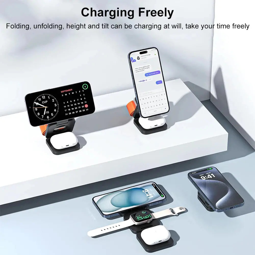 3 in 1 Wireless Charger Stand Magnetic Foldable Wireless Charging Station for Iphone 15 14 13 12 Pro Max Apple Watch 8 9 Charger mobgr