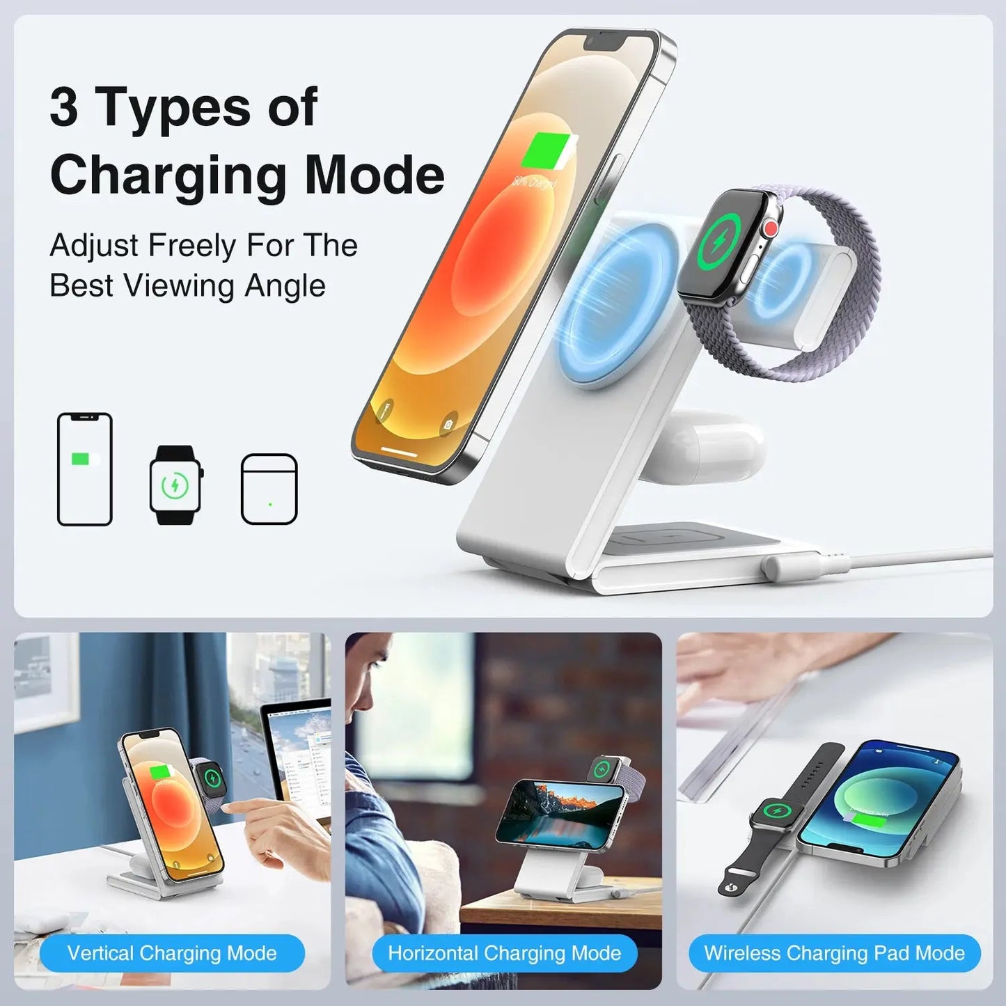 3 in 1 Foldable Wireless Charger Fast Charging Station for Iphone 15 14 Holder Magnetic Charger Stand Dock for Apple Watch S8/7 mobgr