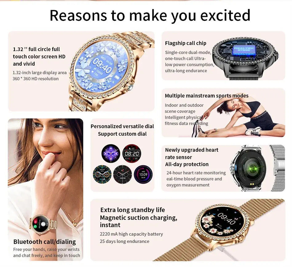 Elegance Series AMOLED Screen Smartwatch: Heart Rate, Blood Oxygen Monitoring - Fashion Ladies Bracelet - Bluetooth Call Smartwatch for Android & iOS mobgr