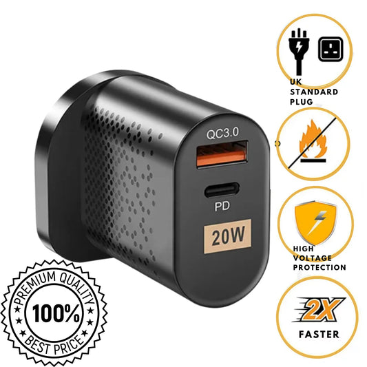 Fast Charger Adapter UK Plug [PD 20W USB-C Type C USB A port] - mobgr